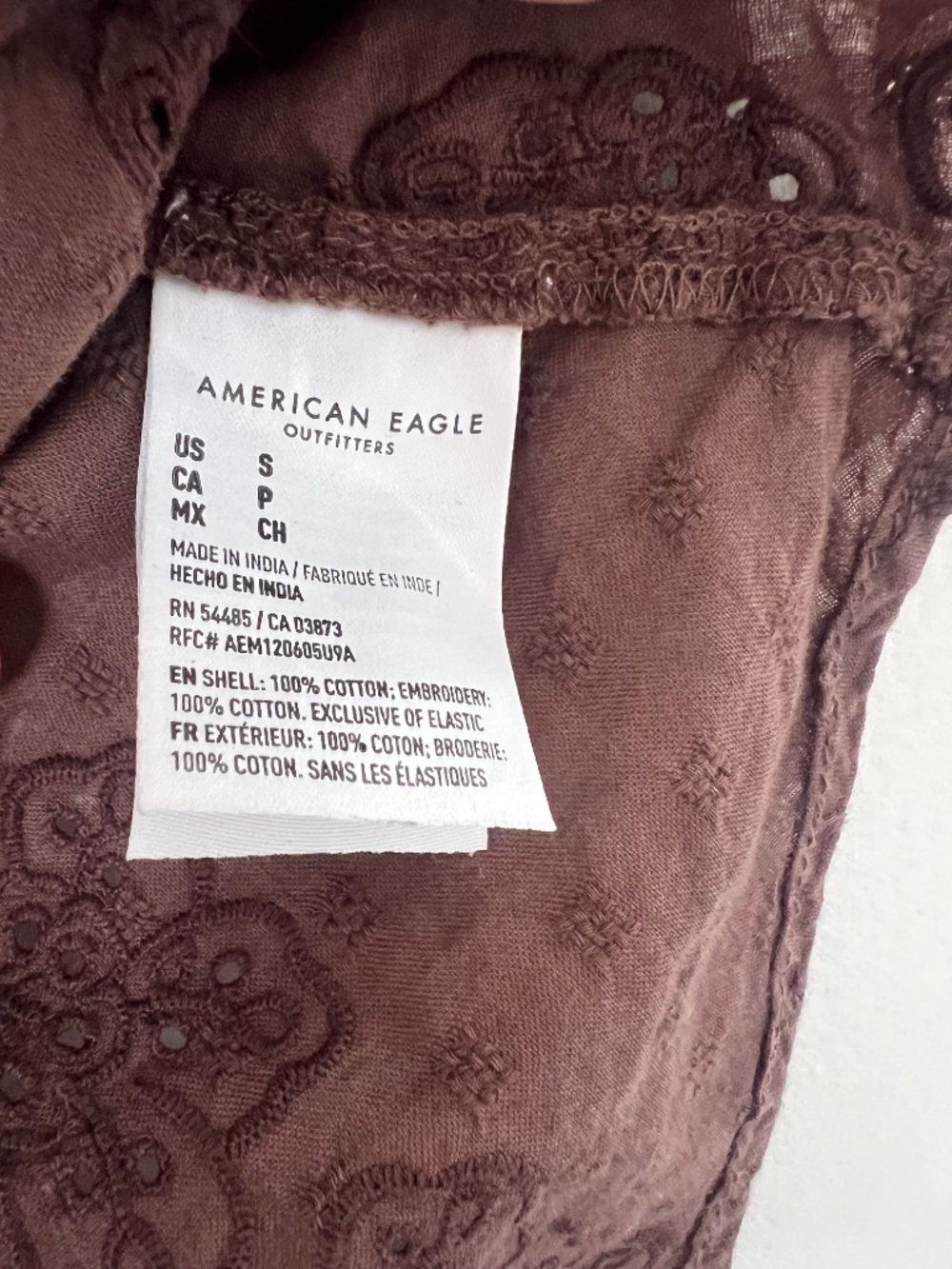 American Eagle Eyelet Embroidered Babydoll Cami Top Brown Handkerchief Hem (S) - Picture 4 of 5